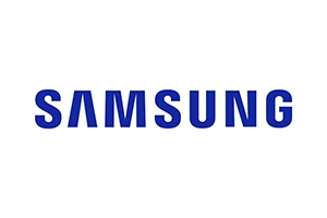 Samsung logo in blue on a white background