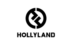 Hollyland logo: circular emblem with an abstract monogram above the bold word HOLLYLAND.