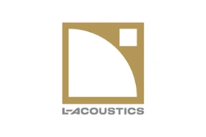 L-Acoustics logo: a gold square frame with a white curved arc inside and a small inner square at the top-right; the 'L-ACOUSTICS' wordmark sits beneath.